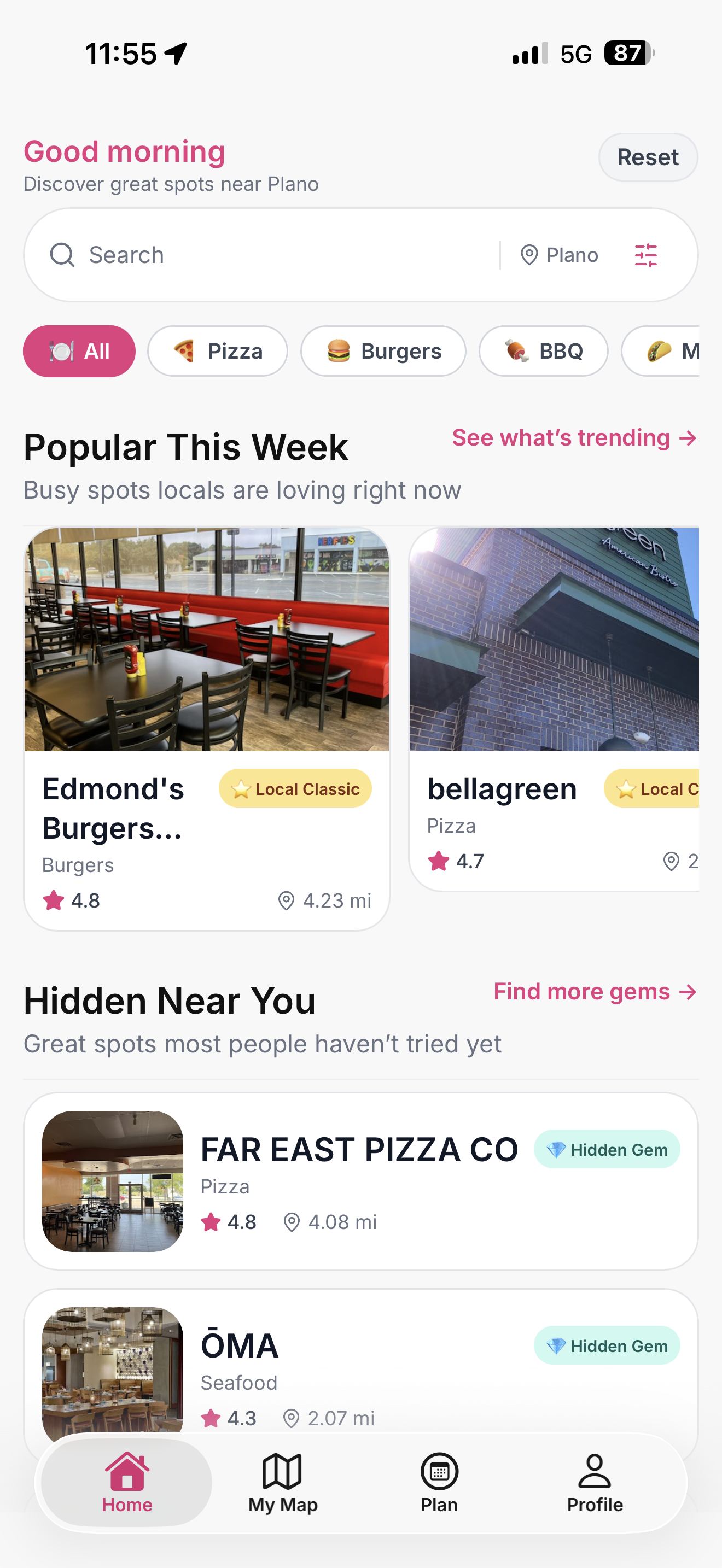 Bitelyt app screen showing popular local restaurants and hidden gems nearby.