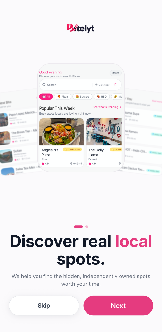 Bitelyt app showing food spots near you