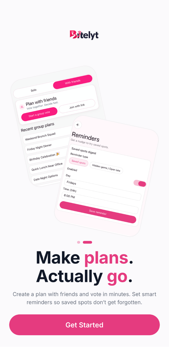 Bitelyt app showing group food planning
