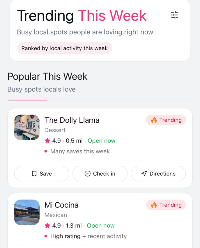 Bitelyt trending list screen highlighting restaurants locals are actively saving and visiting.