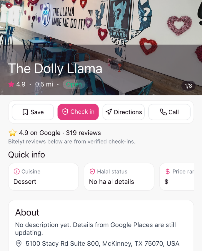 Bitelyt restaurant detail screen with a visible check-in action and verified information.