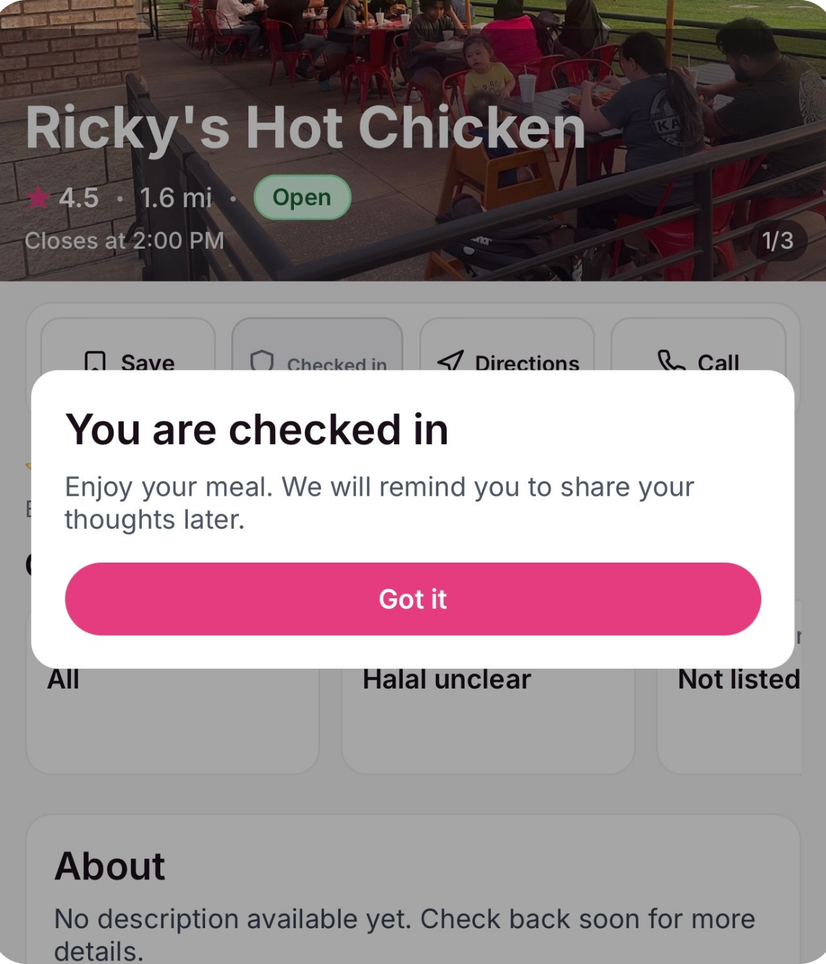 Bitelyt giveaway campaign screen showing a restaurant check-in step as part of the entry flow.