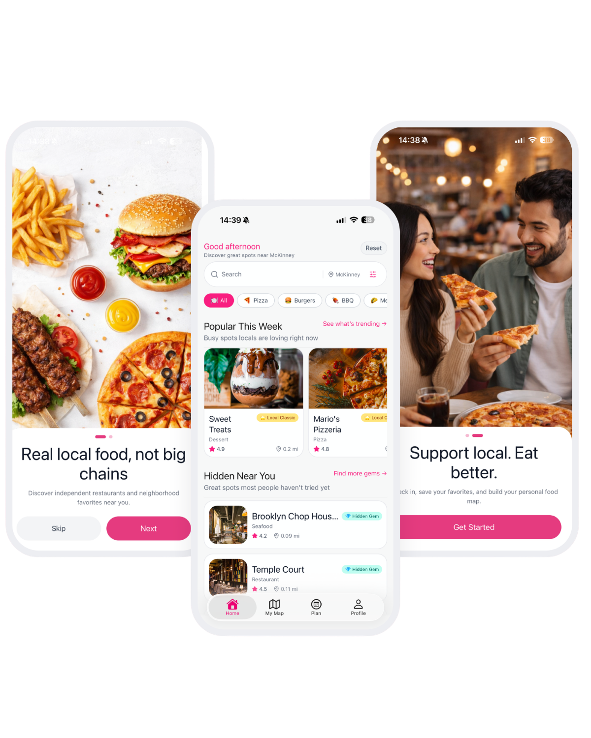 Bitelyt onboarding and discovery screens emphasizing local restaurants over big chains.