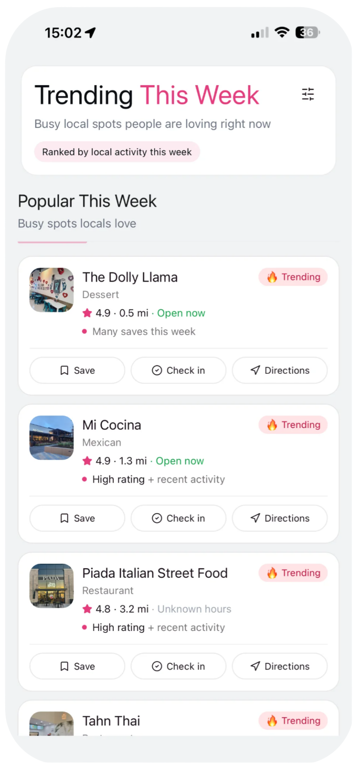 Bitelyt app screen ranking trending local restaurants based on recent activity.
