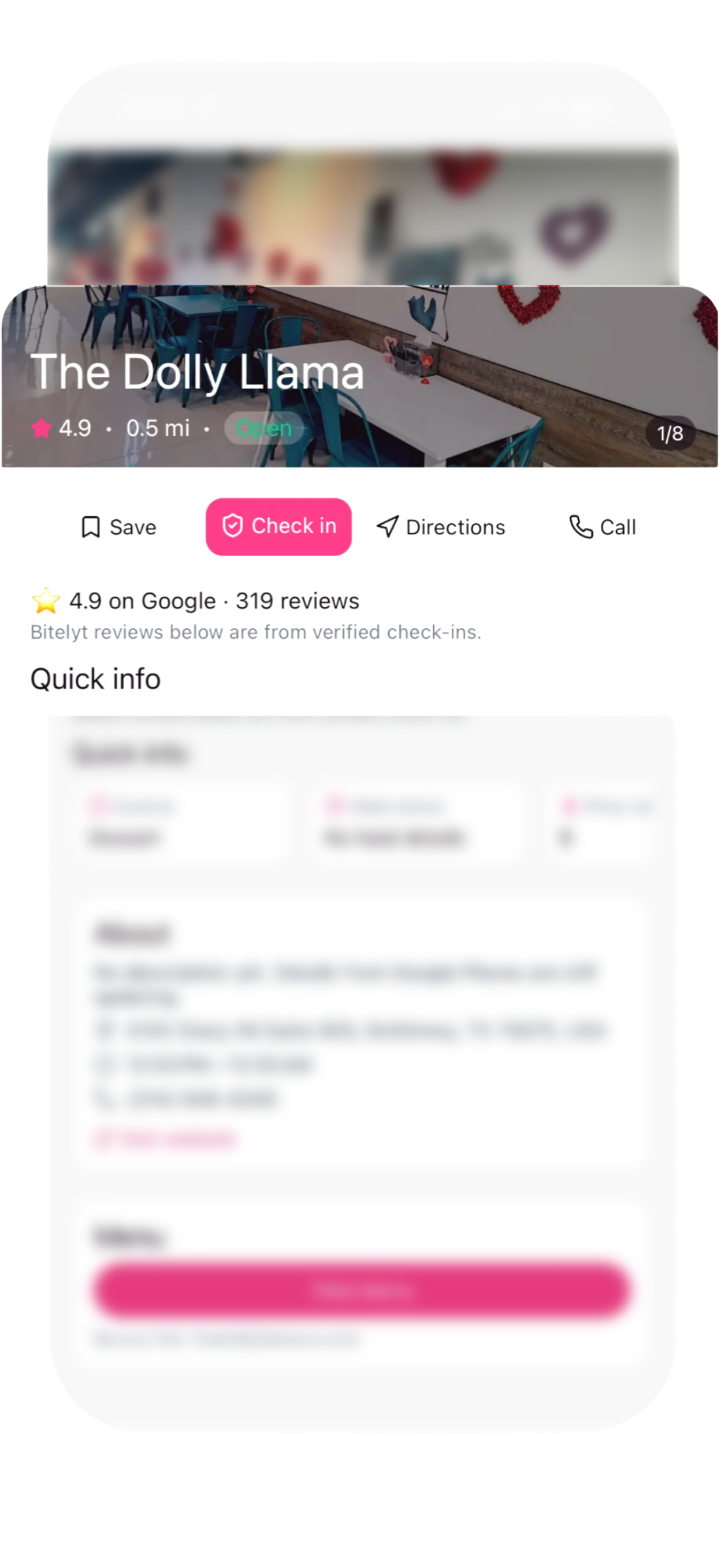 Bitelyt check-in confirmation screen shown after a restaurant visit is recorded.