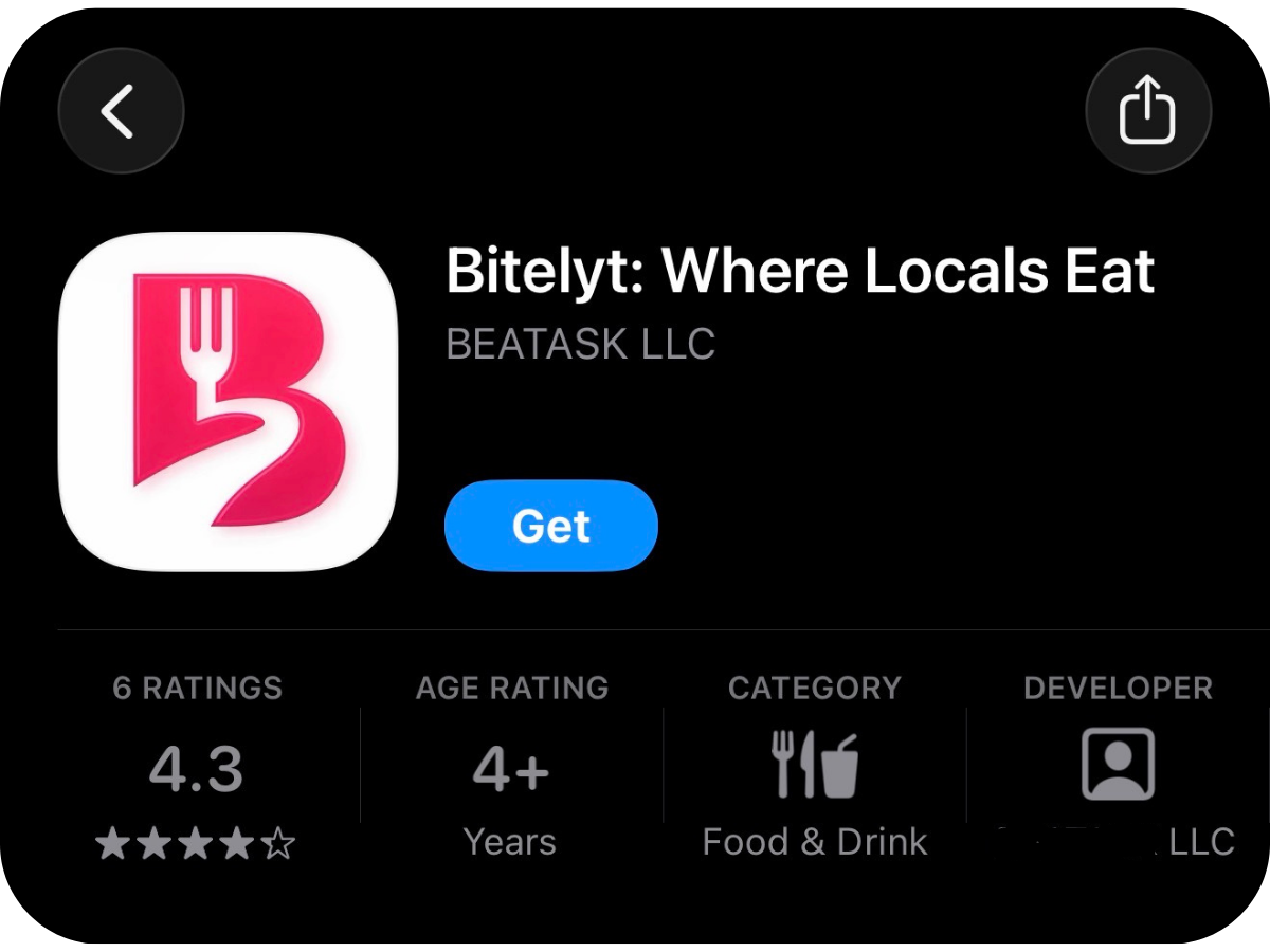Bitelyt restaurant screen showing a successful check-in at a live restaurant location.